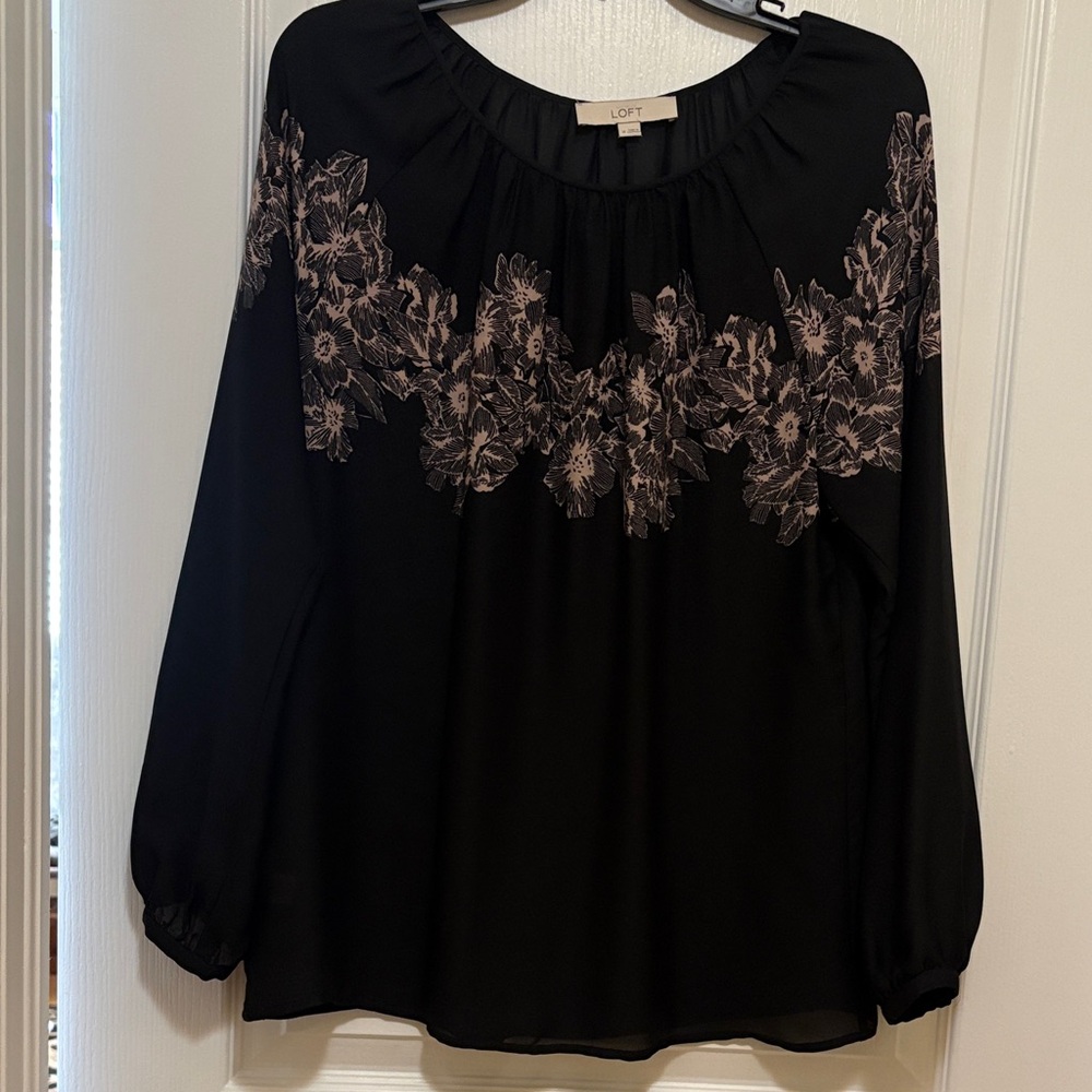 LOFT Black Blouse with Floral taupe Yoke‎ long sleeve sheer polyester M